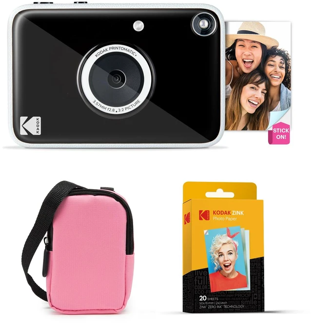 Main image of Printomatic+ Instant Print Digital Camera Starter Bundle + Carrying Case (Pink) + Zink 20pk Sticky-Back Photo Paper - 10MP, Full-Color Photos, GB LED Status Indicator - Black