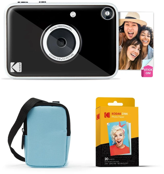 Main image of Printomatic+ Instant Print Digital Camera Starter Bundle + Carrying Case (Blue) + Zink 20pk Sticky-Back Photo Paper - 10MP, Full-Color Photos, GB LED Status Indicator - Black