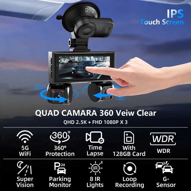 Alt view image 2 of 7 - 4 Channel Dash Cam Front and Rear Inside Left Right Car Dash Camera 360 View, 2.5K QHD Car Camera Supper Night Vision, 5G WiFi 3.16 IPS Touch Screen, G-Sensor,24H Parking Mode Free128G Card 256G Max