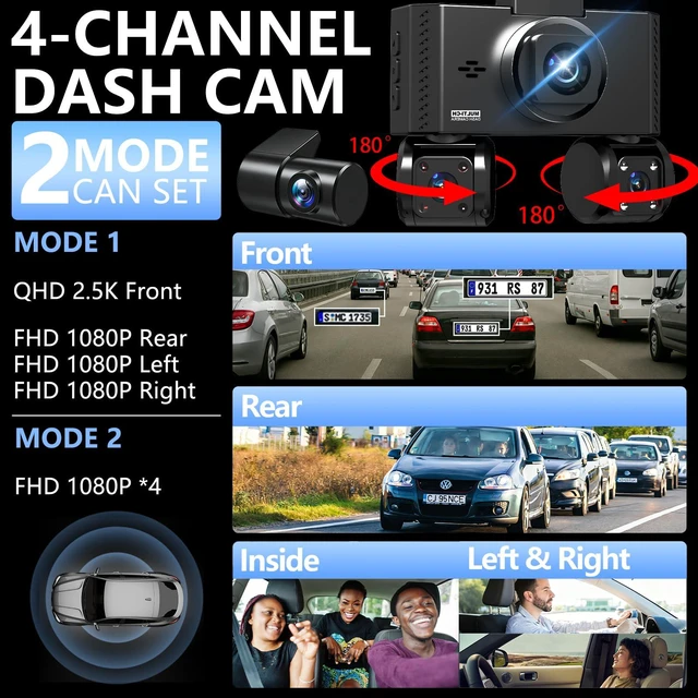 Alt view image 3 of 7 - 4 Channel Dash Cam Front and Rear Inside Left Right Car Dash Camera 360 View, 2.5K QHD Car Camera Supper Night Vision, 5G WiFi 3.16 IPS Touch Screen, G-Sensor,24H Parking Mode Free128G Card 256G Max