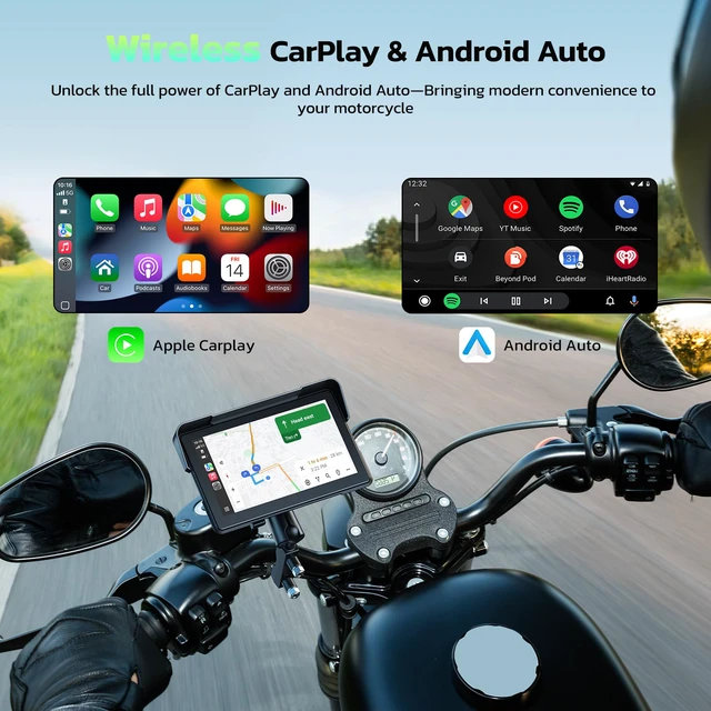 Alt view image 2 of 4 - 7-Inch Wireless Motorcycle Carplay GPS Navigation System with Apple Carplay and Android Auto, Portable Moto Car Play Screen with Dual Bluetooth, Navigation, Siri, Google Assistant, Anti-Glare