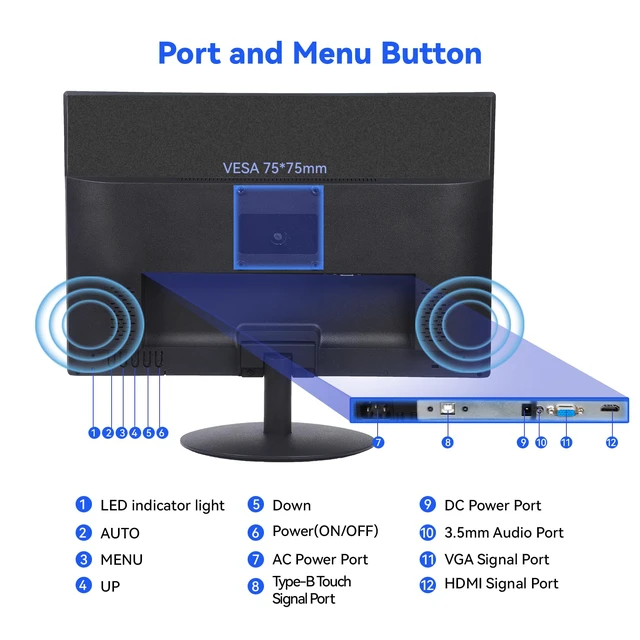 Alt view image 3 of 3 - Touchscreen Monitor 19" FHD 1440x900 Multi-Touch Screen HDMI VGA Type-B Dual Speakers,60Hz,VESA,Wide Viewing Angle 170°,Brightness 300cd/m²,Tilt Adjust,PC Office Desktop Business Computer Display