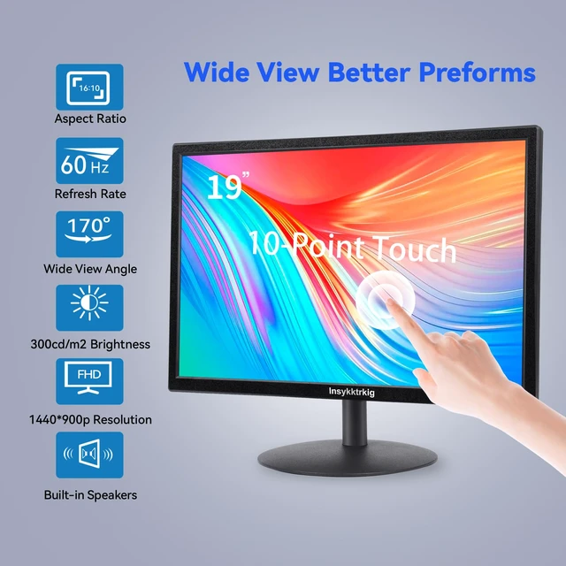 Alt view image 2 of 3 - Touchscreen Monitor 19" FHD 1440x900 Multi-Touch Screen HDMI VGA Type-B Dual Speakers,60Hz,VESA,Wide Viewing Angle 170°,Brightness 300cd/m²,Tilt Adjust,PC Office Desktop Business Computer Display