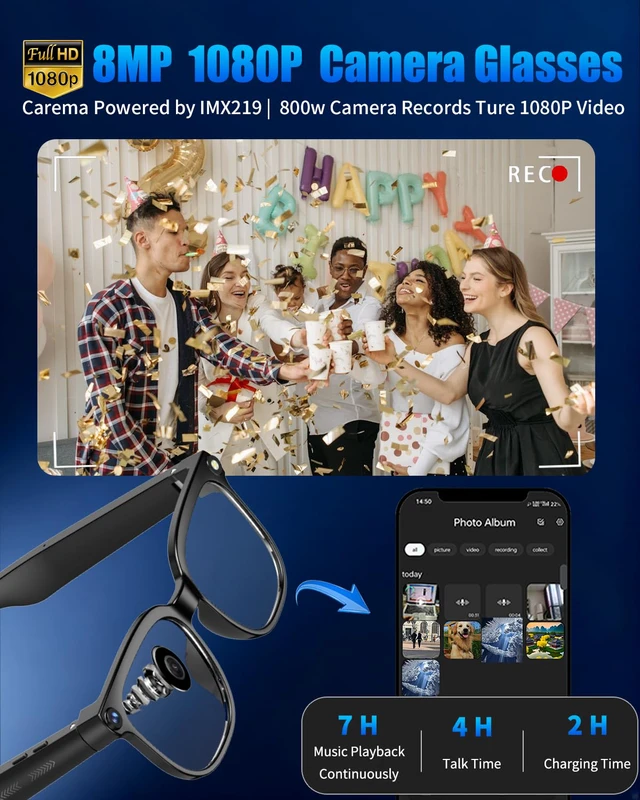 Alt view image 2 of 4 - 800W Ai Smart Glasses with Camera 1080P HD Video Recording, AI Translator for 160 Languages, GPT Object Recognition, Bluetooth Audio, Photochromic Lenses, 290mAh Long Battery for Travel Sports