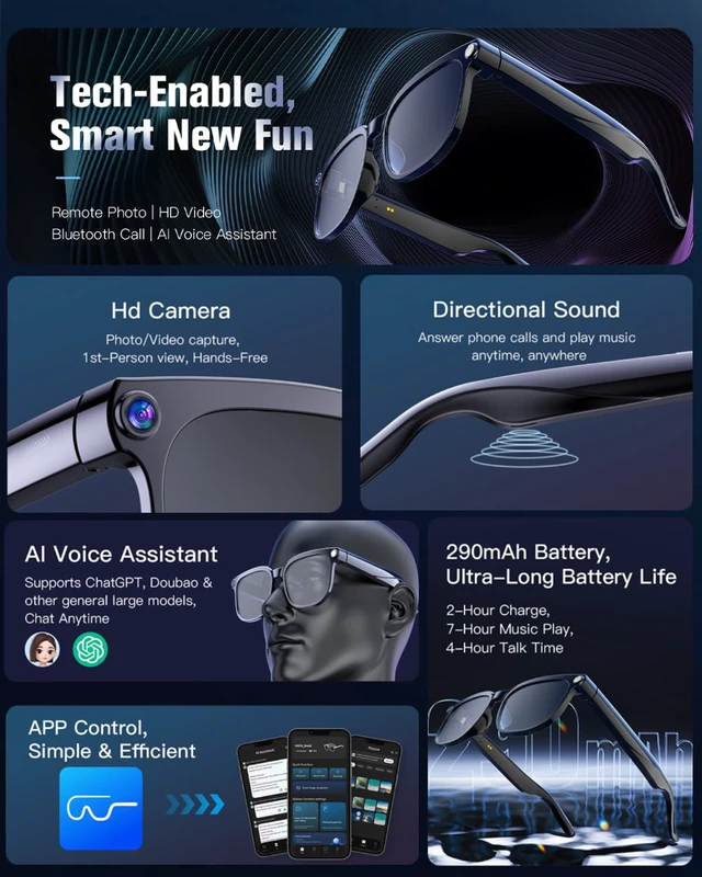 Alt view image 4 of 4 - 800W Ai Smart Glasses with Camera 1080P HD Video Recording, AI Translator for 160 Languages, GPT Object Recognition, Bluetooth Audio, Photochromic Lenses, 290mAh Long Battery for Travel Sports