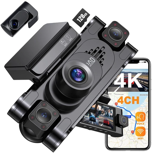 Main image of 4K 360° Dash Cam for Cars, 4 Channel Front Rear Inside with 128GB Card, Super Night Vision, Fastest 5.8GHz WiFi GPS, Voice Control, 24/7 Parking Mode, Loop Recording Ideal for Uber & Lyft