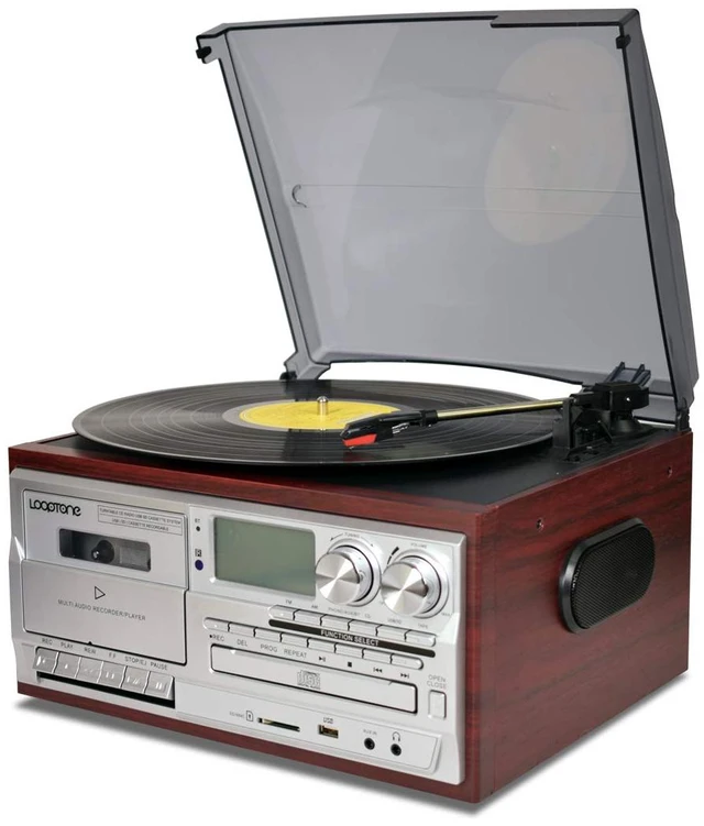 Main image of Vinyl Record Player 9 in 1 3 Speed Bluetooth Vintage Turntable CD Cassette Player AM/FM Radio USB Recorder Aux-in RCA Line-Out (Silver)