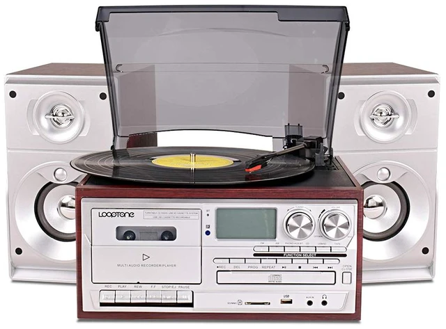 Main image of Vinyl Record Player with Dual 15W External Speakers 9 in 1 3 Speed Bluetooth Vintage Turntable CD Cassette Player AM/FM Radio USB Recorder Aux-in RCA Line-Out