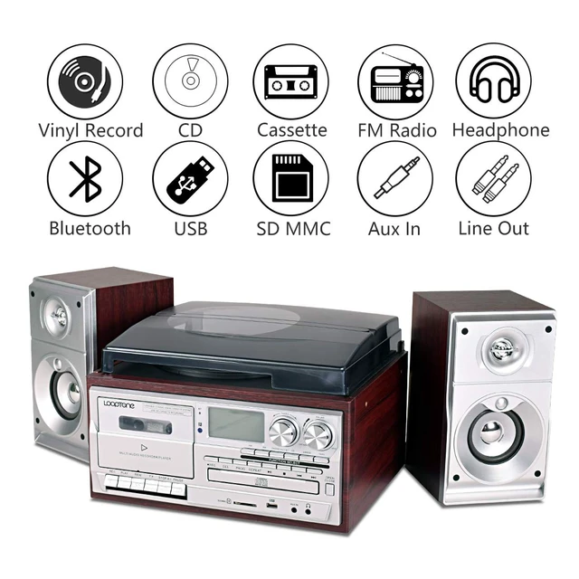 Alt view image 2 of 4 - Vinyl Record Player with Dual 15W External Speakers 9 in 1 3 Speed Bluetooth Vintage Turntable CD Cassette Player AM/FM Radio USB Recorder Aux-in RCA Line-Out