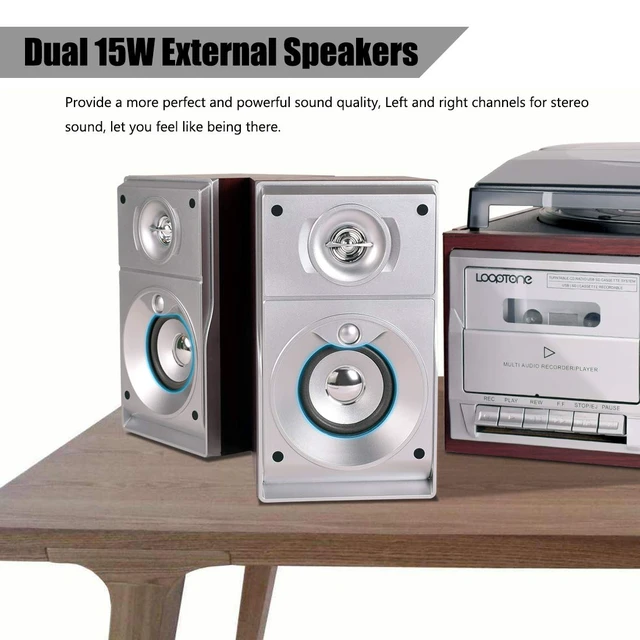 Alt view image 3 of 4 - Vinyl Record Player with Dual 15W External Speakers 9 in 1 3 Speed Bluetooth Vintage Turntable CD Cassette Player AM/FM Radio USB Recorder Aux-in RCA Line-Out