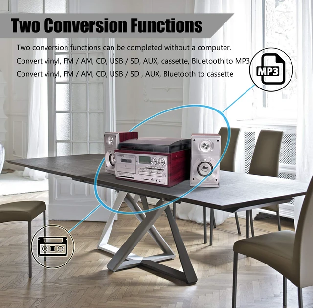 Alt view image 4 of 4 - Vinyl Record Player with Dual 15W External Speakers 9 in 1 3 Speed Bluetooth Vintage Turntable CD Cassette Player AM/FM Radio USB Recorder Aux-in RCA Line-Out