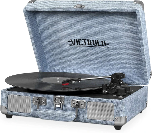 Main image of Journey Bluetooth Portable Suitcase Record Player with Built-in Speakers, 3 Speed Vinyl Record Player, RCA Out, Headphone Jack (Light Denim Blue Linen)