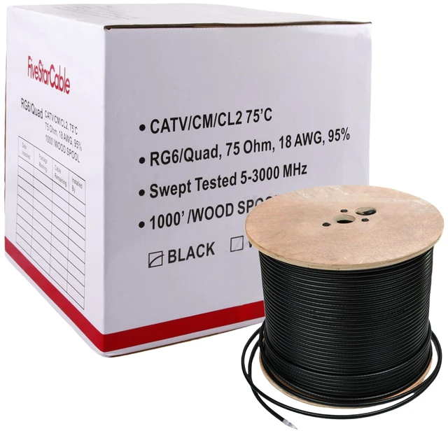 Main image of Five Star RG6 Quad Shield Coaxial Cable, 18AWG, 75 Ohm, 1000 ft Spool, ETL Listed, Black - Double Braid Shield, CCS Conductor, PVC Jacket for Broadcast, Satellite, and Cellular Applications