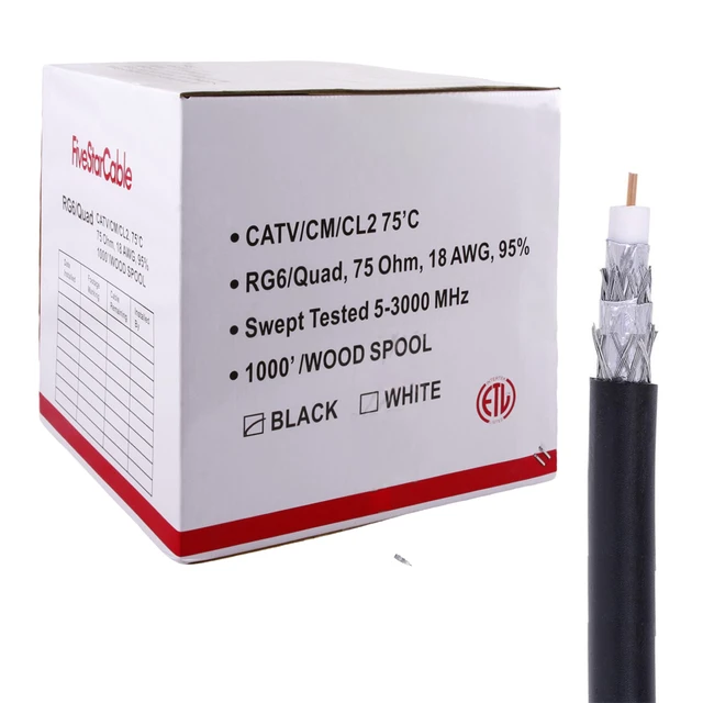 Alt view image 4 of 6 - Five Star RG6 Quad Shield Coaxial Cable, 18AWG, 75 Ohm, 1000 ft Spool, ETL Listed, Black - Double Braid Shield, CCS Conductor, PVC Jacket for Broadcast, Satellite, and Cellular Applications