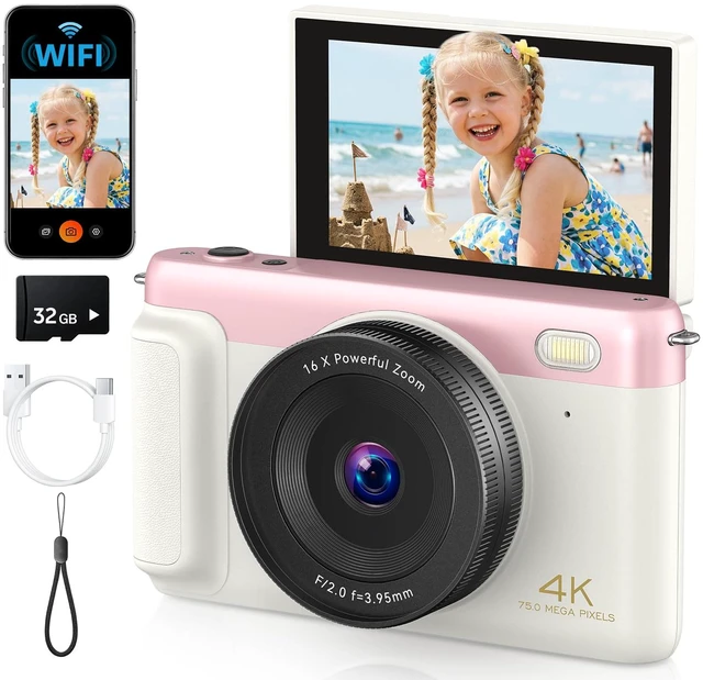 Main image of 4K Digital Camera with Flip Screen, Pink, Compact Camera for Photography | Auto Focus, Built-in WiFi, 16x Digital Zoom, 2500mAh Battery, 32GB SD Card Included, Youtube Camera for Beginners, Kids