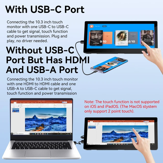 Alt view image 2 of 4 - 10.3 Inch Small Touchscreen Monitor, 400cd/m², IPS Stretched Bar LCD Mini Travel Touch Display 1920 * 720 HDMI USBC, Portable Touch Screen for Laptop Computer Windows Aida64 GPU CPU RAM Monitoring