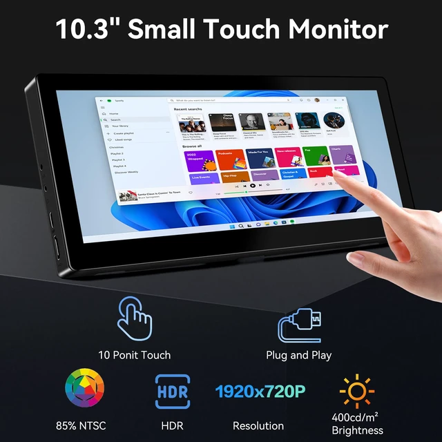 Alt view image 4 of 4 - 10.3 Inch Small Touchscreen Monitor, 400cd/m², IPS Stretched Bar LCD Mini Travel Touch Display 1920 * 720 HDMI USBC, Portable Touch Screen for Laptop Computer Windows Aida64 GPU CPU RAM Monitoring