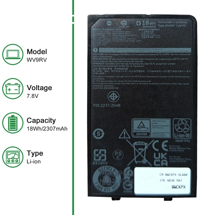 Alt view image 2 of 4 - WV9RV 451-BDHV Laptop Battery Replacement for Dell Latitude 7030 Rugged Extreme Tablet Pro Rugged 10 Tablet RA00260 Series WCKPX 0WCKPX 34NWX 034NWX VM2HR WCKPX CPX-WCKPX 7.8V 18Wh 2307mAh