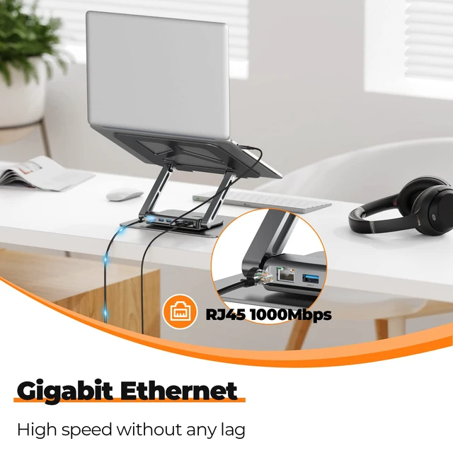 Alt view image 4 of 4 - Laptop Docking Station Stand for MacBook Pro/Air/Dell/HP/Surface/Lenovo, Mac Docking Station with 4K HDMI, USB 3.0, RJ45, PD 3.0, USB C Laptop Stand Hub for Desk with 360 Rotating Base Grey
