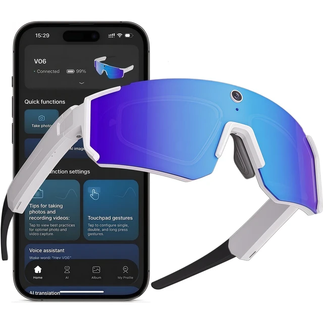 Main image of Sport AI Smart Sunglasses with 4K POV Camera Audio & Video, Real-Time Translation, AI Voice Assistant, Internal Storage, Unisex for Cycling & Outdoor Sports (White/Ice Blue)