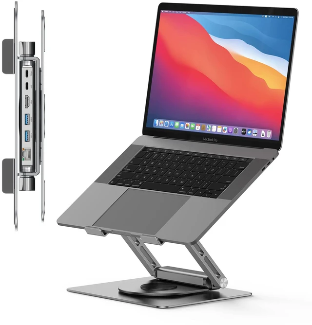 Main image of Laptop Docking Station Stand for MacBook Pro/Air/Dell/HP/Surface/Lenovo, Mac Docking Station with 4K HDMI, USB 3.0, RJ45, PD 3.0, USB C Laptop Stand Hub for Desk with 360 Rotating Base Grey