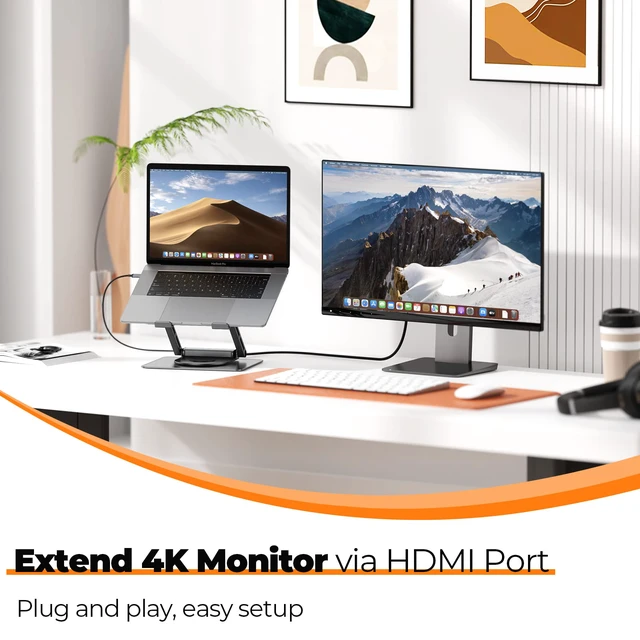 Alt view image 2 of 4 - Laptop Docking Station Stand for MacBook Pro/Air/Dell/HP/Surface/Lenovo, Mac Docking Station with 4K HDMI, USB 3.0, RJ45, PD 3.0, USB C Laptop Stand Hub for Desk with 360 Rotating Base Grey