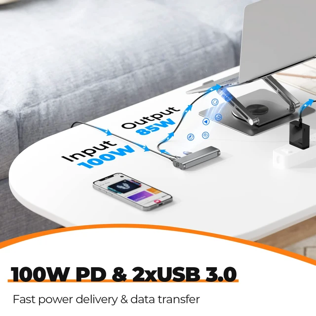 Alt view image 3 of 4 - Laptop Docking Station Stand for MacBook Pro/Air/Dell/HP/Surface/Lenovo, Mac Docking Station with 4K HDMI, USB 3.0, RJ45, PD 3.0, USB C Laptop Stand Hub for Desk with 360 Rotating Base Grey
