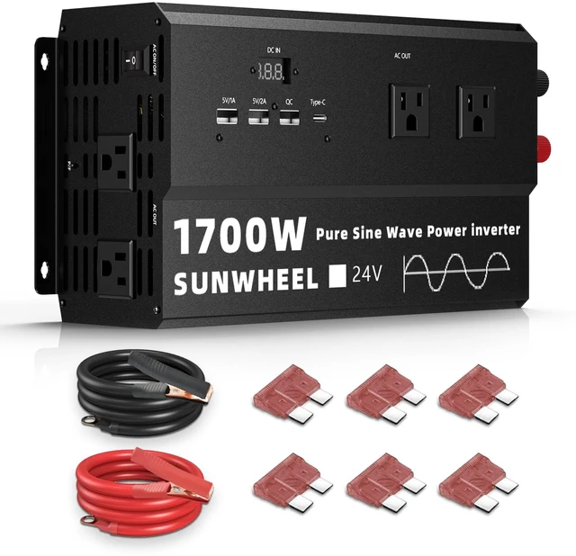 Main image of 1700W 24V Pure Sine Wave Inverter, 24V DC to 110V/120V AC Power Inverter for RVOff GridTruckPower Outage with 4 AC outlets and LCD Display