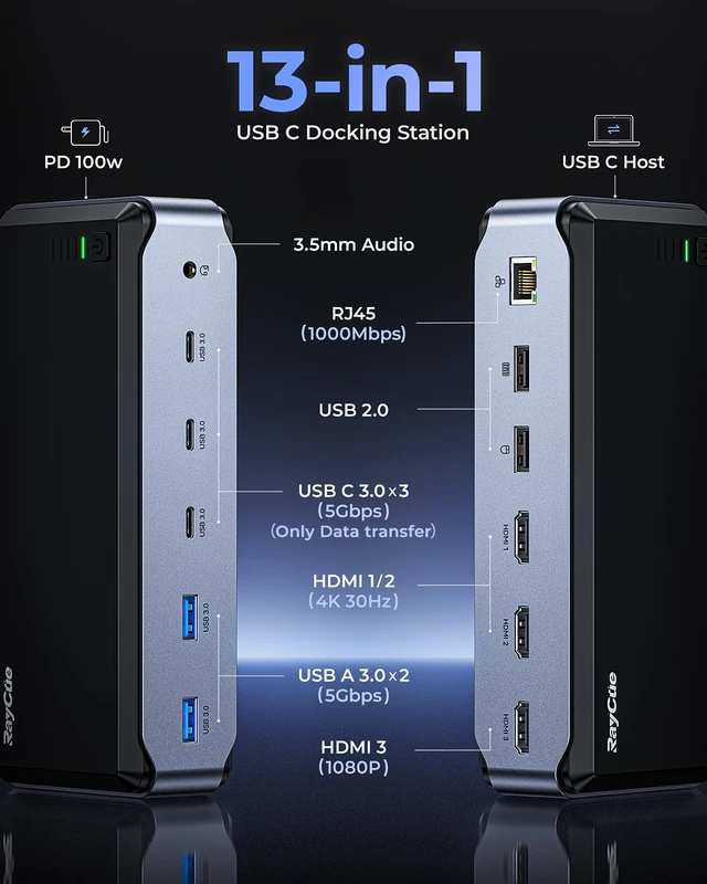 Alt view image 2 of 7 - USB C Docking Station Dual Monitor for MacBook Pro/Air, 13-in-1 Triple 4K Display Laptop USB-C Hub, Type C Dock with 3 * 4K HDMI, PD3.0, 7 USB, RJ45, 3.5mm Audio