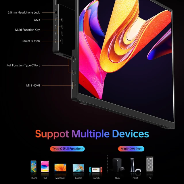 Alt view image 4 of 4 - Portable-Monitor-for-Laptop 14 inch FHD 1920 * 1200P USB C HDMI Ultra-Slim IPS Travel Display w/Smart Cover & Speakers, HDR Plug&Play, External Monitor for Laptop PC, Phone,Mac