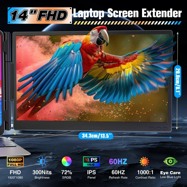 Alt view image 3 of 4 - Laptop Screen Extender 14", Ultra Thin 0.27'' FHD 1080P Portable Monitor for Laptop 13-17.3", Plug n Play Extra Monitor Extender, Eye Care Second Screen for MacBook/Windows/Android/Switch/PS5