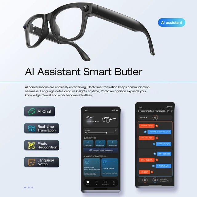 Alt view image 2 of 4 - AI Smart Glasses with 4K Camera & Audio | Bluetooth Video Recording Sunglasses with ChatGPT Translation, Voice Control, EIS Stabilization, Object Recognition, Smart Glasses for Men & Women (Black-Q6)
