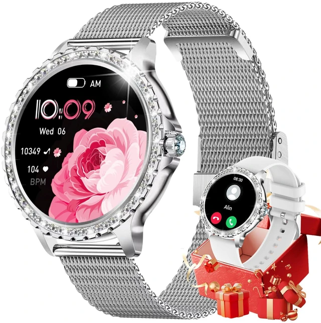 Main image of Smart Watch for Women Diamond, Bluetooth Calls, 1.32-inch HD Screen Round Fitness Tracker with Menstrual Cycle/Sleep/Heart Rate Monitor, 100+ Sports Mode, Android/iOS Phone, Silver