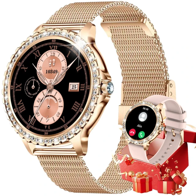 Main image of Smart Watch for Women Diamond, Bluetooth Calls, 1.32-inch HD Screen Round Fitness Tracker with Menstrual Cycle/Sleep/Heart Rate Monitor, 100+ Sports Mode, Android/iOS Phone, Rose Gold