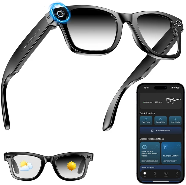 Main image of AI Smart Camera Glasses for Men Women, 4K Photography,1080P HD Video Recording,Real-Time Translation, Open-Ear Audio,Voice Assistant, Lightweight (Black Frame-Photochromic Lens)