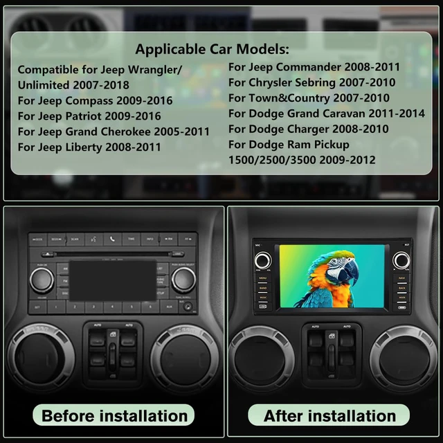 Alt view image 2 of 4 - Android 13 Car Radio Stereo for Jeep Wrangler JK 2007-2018 Dodge RAM 1500 2500 3500 2009-2012 4 Core CPU 2G RAM 64G ROM with Wireless CarPlay/Android Auto/GPS/HD Backup Camera/Bluetooth