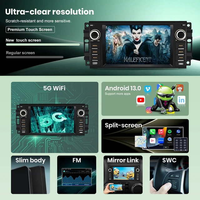 Alt view image 4 of 4 - Android 13 Car Radio Stereo for Jeep Wrangler JK 2007-2018 Dodge RAM 1500 2500 3500 2009-2012 4 Core CPU 2G RAM 64G ROM with Wireless CarPlay/Android Auto/GPS/HD Backup Camera/Bluetooth