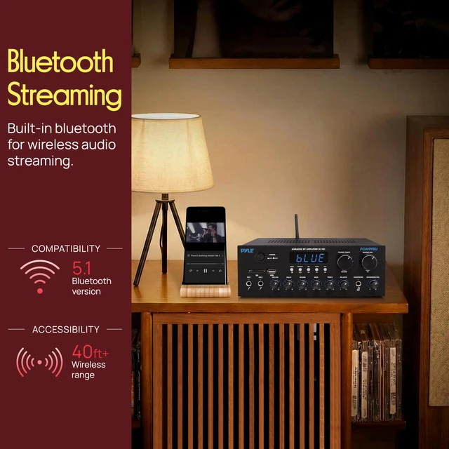 Alt view image 2 of 4 - Wireless Bluetooth Streaming Amplifier - 300W Multi Channel Receiver with Dual Hi Def in/Out, Optical/Coaxial w/ 24 Bit decoding, Aluminum Control Knobs, Headphone Out, USB-A/SD - PDA99BU