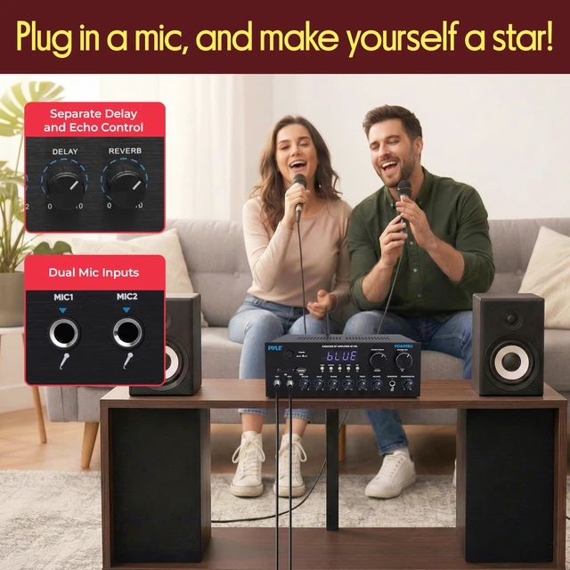 Alt view image 4 of 4 - Wireless Bluetooth Streaming Amplifier - 300W Multi Channel Receiver with Dual Hi Def in/Out, Optical/Coaxial w/ 24 Bit decoding, Aluminum Control Knobs, Headphone Out, USB-A/SD - PDA99BU