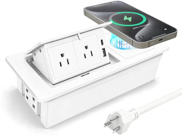 Main image of Conference Table Power Hub 15W Wireless Charger and PD20W Type-C Fast Charging, Pop up Outlet Desktop Connection Box with 2AC Outlets and USB Ports for Kitchen Countertop Conference Room, White