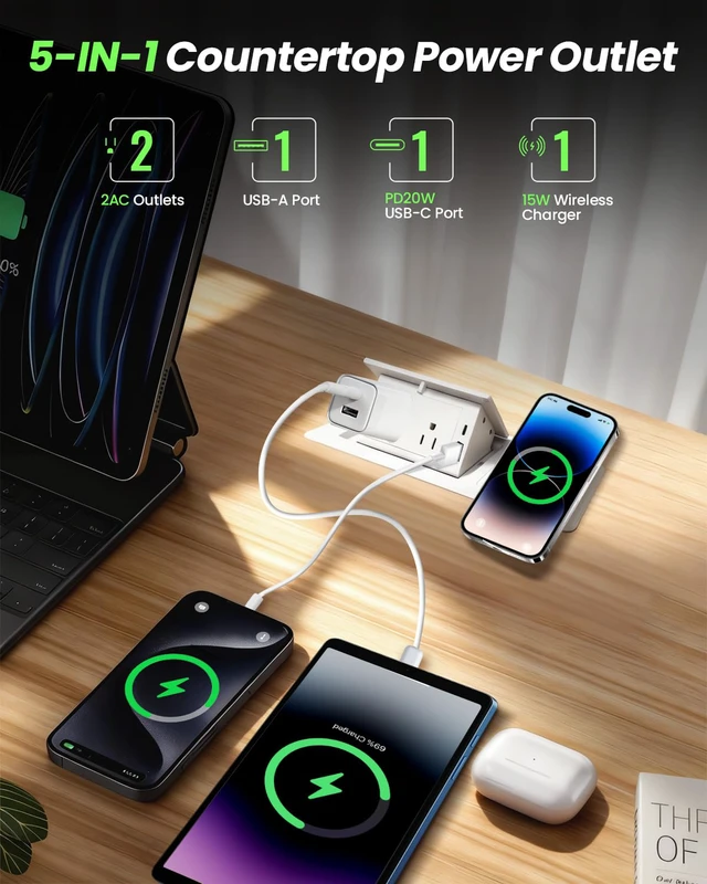 Alt view image 2 of 4 - Conference Table Power Hub 15W Wireless Charger and PD20W Type-C Fast Charging, Pop up Outlet Desktop Connection Box with 2AC Outlets and USB Ports for Kitchen Countertop Conference Room, White