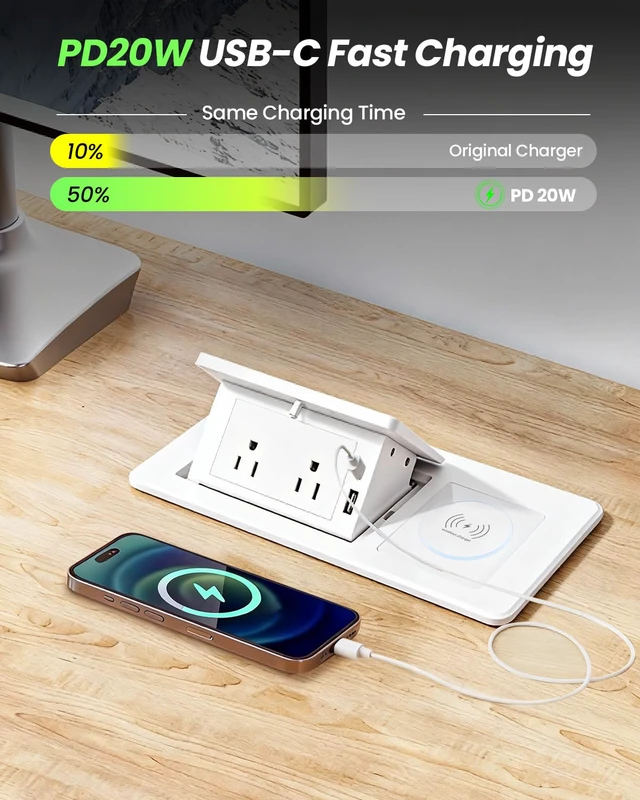 Alt view image 3 of 4 - Conference Table Power Hub 15W Wireless Charger and PD20W Type-C Fast Charging, Pop up Outlet Desktop Connection Box with 2AC Outlets and USB Ports for Kitchen Countertop Conference Room, White