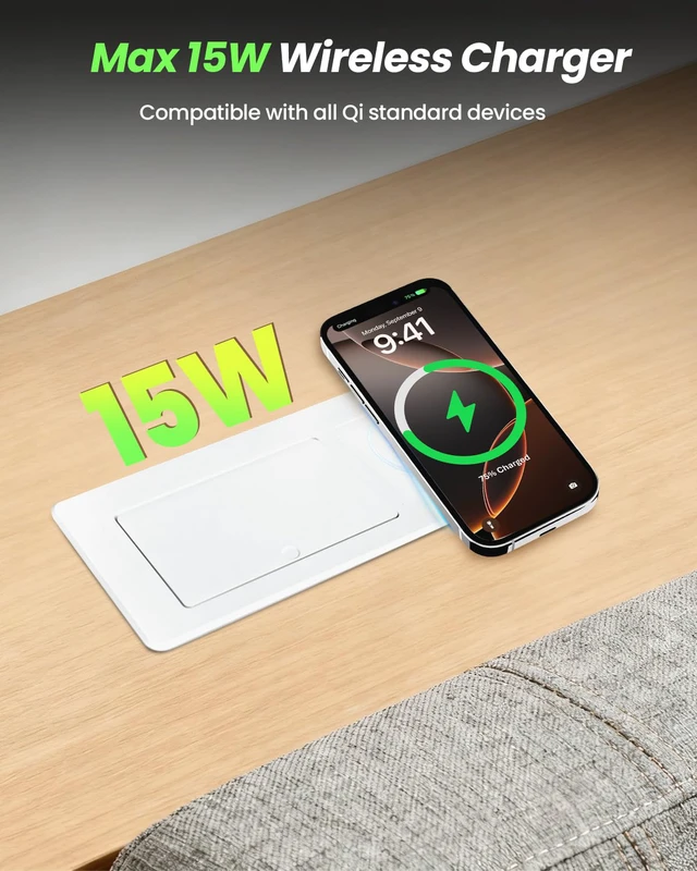 Alt view image 4 of 4 - Conference Table Power Hub 15W Wireless Charger and PD20W Type-C Fast Charging, Pop up Outlet Desktop Connection Box with 2AC Outlets and USB Ports for Kitchen Countertop Conference Room, White