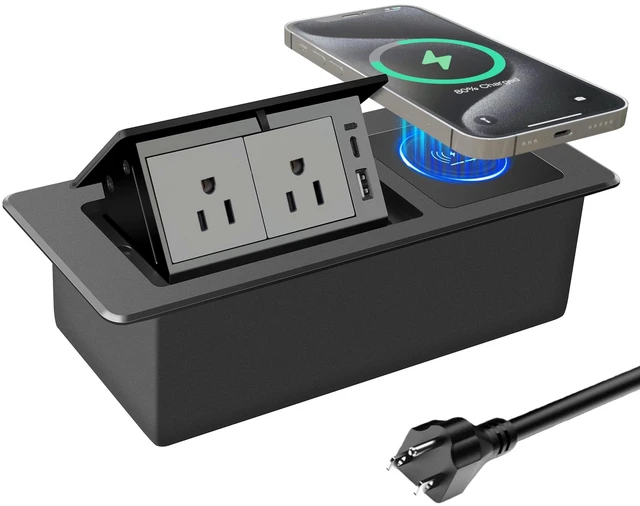 Main image of Conference Table Power Hub 15W Wireless Charger and PD20W Type-C Fast Charging, Pop up Outlet Desktop Connection Box with 2AC Outlets and USB Ports for Kitchen Countertop Conference Room, Black