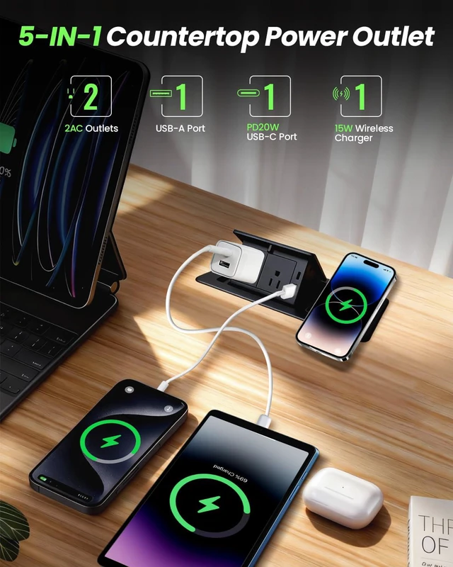 Alt view image 2 of 4 - Conference Table Power Hub 15W Wireless Charger and PD20W Type-C Fast Charging, Pop up Outlet Desktop Connection Box with 2AC Outlets and USB Ports for Kitchen Countertop Conference Room, Black