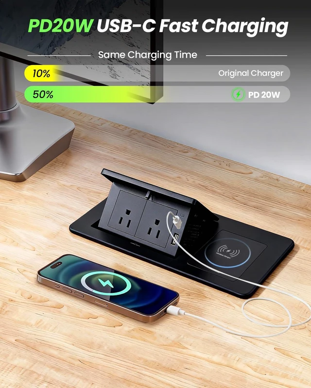 Alt view image 3 of 4 - Conference Table Power Hub 15W Wireless Charger and PD20W Type-C Fast Charging, Pop up Outlet Desktop Connection Box with 2AC Outlets and USB Ports for Kitchen Countertop Conference Room, Black
