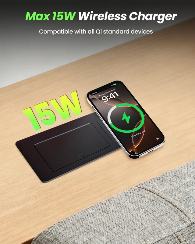 Alt view image 4 of 4 - Conference Table Power Hub 15W Wireless Charger and PD20W Type-C Fast Charging, Pop up Outlet Desktop Connection Box with 2AC Outlets and USB Ports for Kitchen Countertop Conference Room, Black