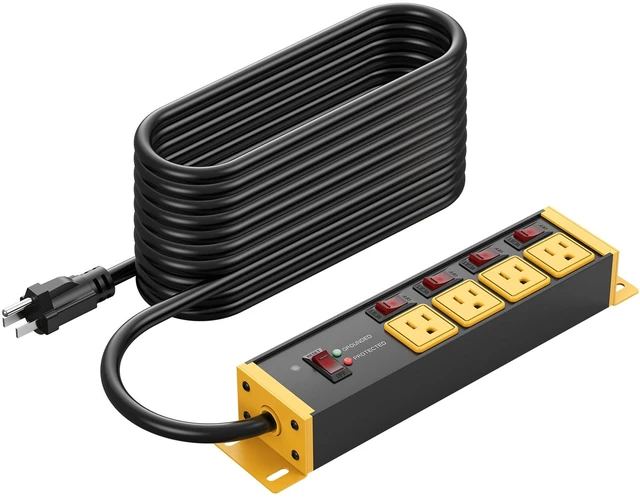 Main image of 12 Gauge Long Extension Cord, Individual Switches, Yellow, 75FT. Multiple Outlets, Heavy Duty Surge Protector Power Strip, Outdoor, Grounded, Appliance, Garage Wall Mount Plug Extender