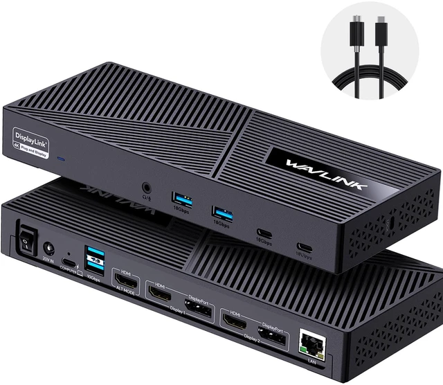 Main image of Displaylink Docking Station 3 Monitors with 130W Power Delivery, 10Gbps USB for MacBook (M1-M5, Neo) & Windows, USB-C(3 HDMI, 2 DisplayPort, 2 USB-C, 4 USB3.1, Ethernet, Audio)