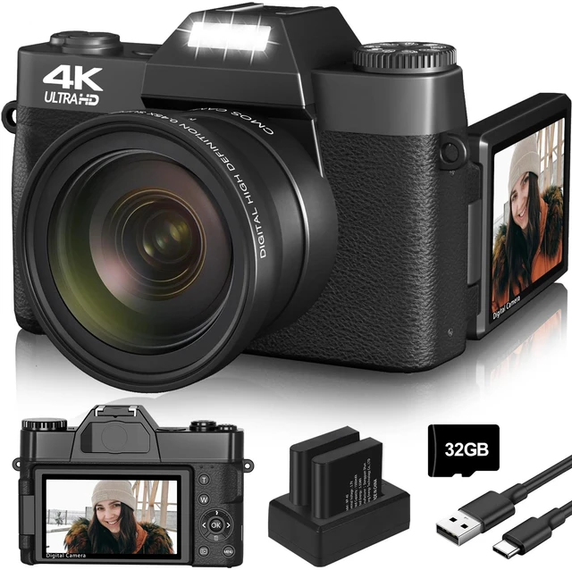 Main image of 4K Digital Camera for YouTube Vlogging - 56MP 16X Zoom Manual Focus Compact Photography Camera With 52mm Wide-Angle & Macro Lens, 32G TF Card and 2 Batteries (Black)